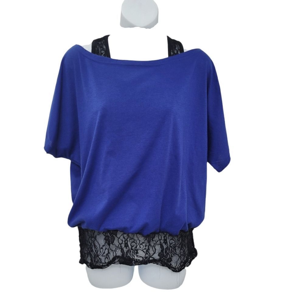 2/$20 Y2K Blue & Black Lace Top Blouse Size: M